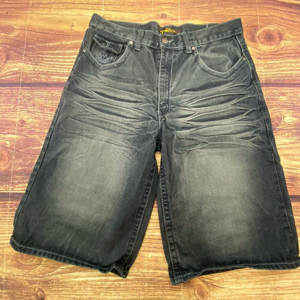 Vtg Y2K Chams Shorts 34 Mens Black Denim Embroidered Baggy Hip Hop Skater